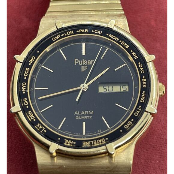 Vintage Pulsar Y960-6059 Men Rotate Bezel Analog Digital Quartz Watch Gold Tone - Picture 3 of 9